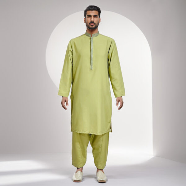 Olive Green embroidered pakistani mens shalwar kameez