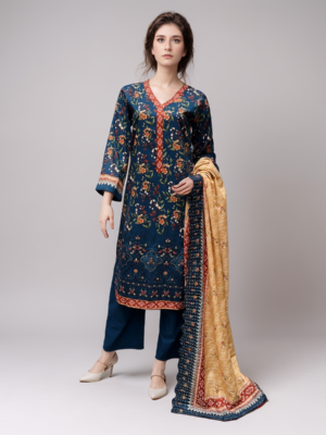 Cyan-Blue Embroidered lawn suits