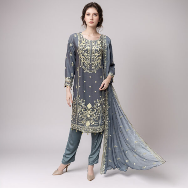 Carbon Grey Stitched chiffon suits wholesale