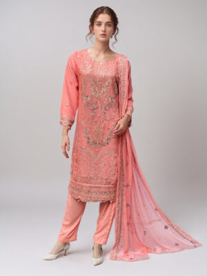 Coral Pink Embroidered chiffon suits wholesale