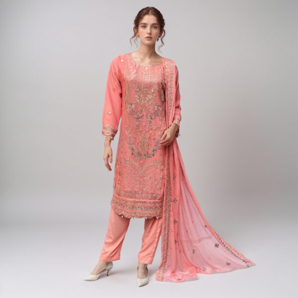 Coral Pink Embroidered chiffon suits wholesale