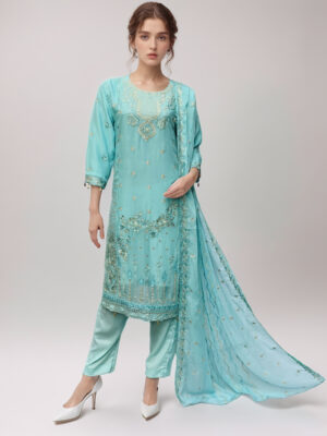 Cyan Stitched chiffon suits wholesale