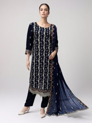 Navy blue 3 piece chiffon suits pakistan wholesale