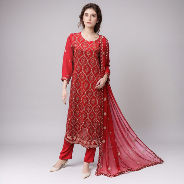 Red Embroidered chiffon suits wholesale